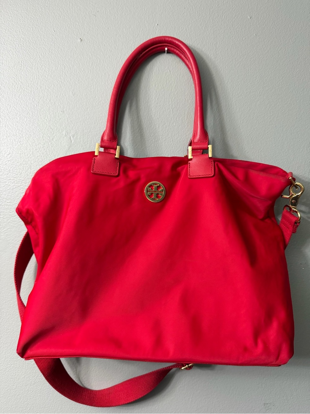 Tory Burch Dena Red Leather and Nylon Tote Bag